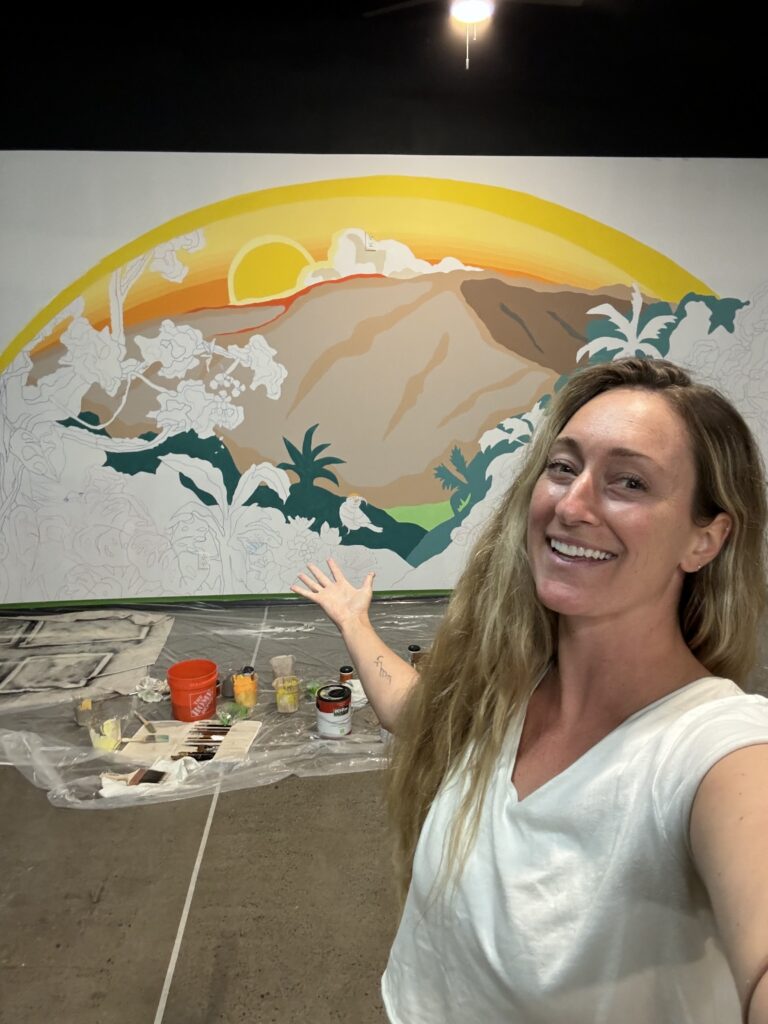 Custom Haleakala sunrise mural progress at Maui Community Acupuncture un Makawao.