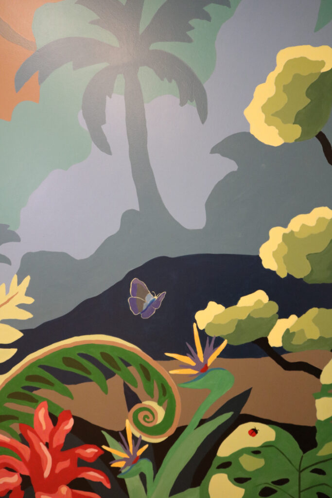 A native Koa butterfly painted into a maui inspired mural in Makawao town.